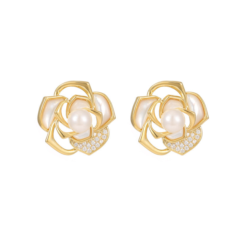 Natural Shell Flower Earrings: Fashionable, Light Luxury, Real Gold Plated