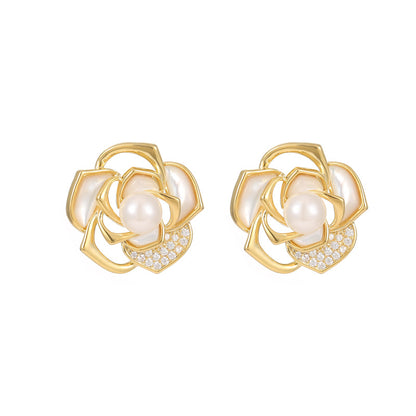 Natural Shell Flower Earrings: Fashionable, Light Luxury, Real Gold Plated